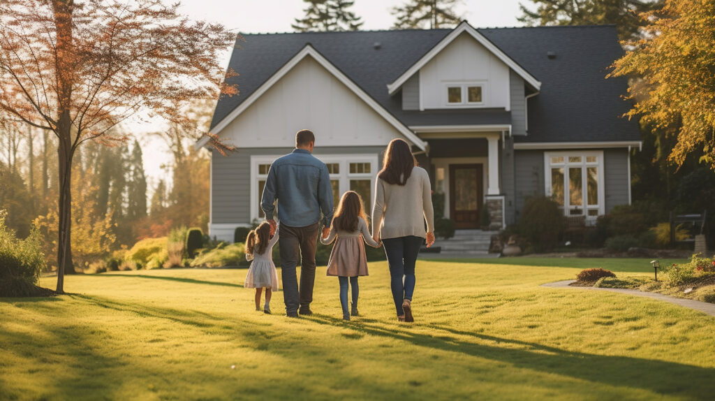 Rear View, Young family looking at their new home