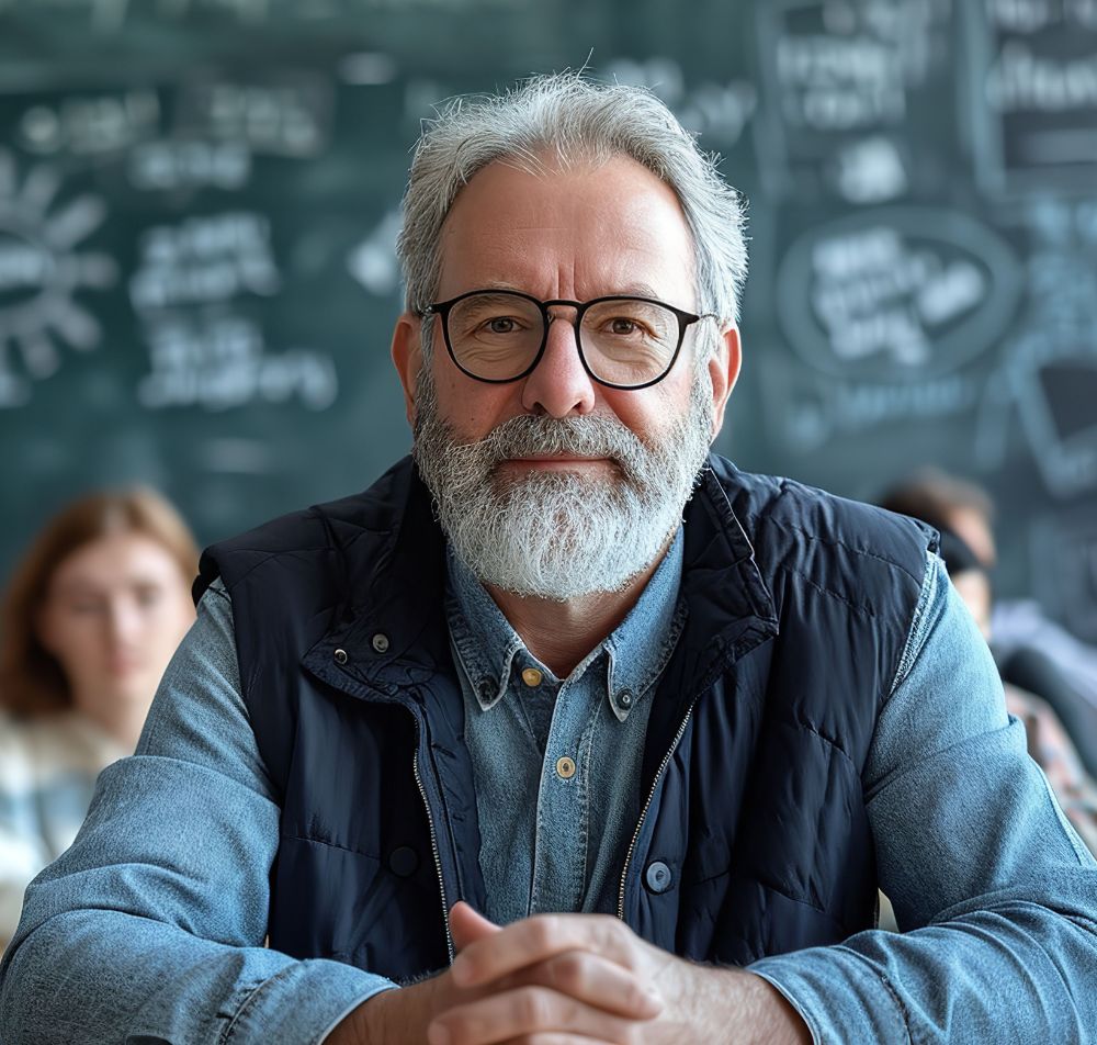 Retired Teacher sitting in classroom.