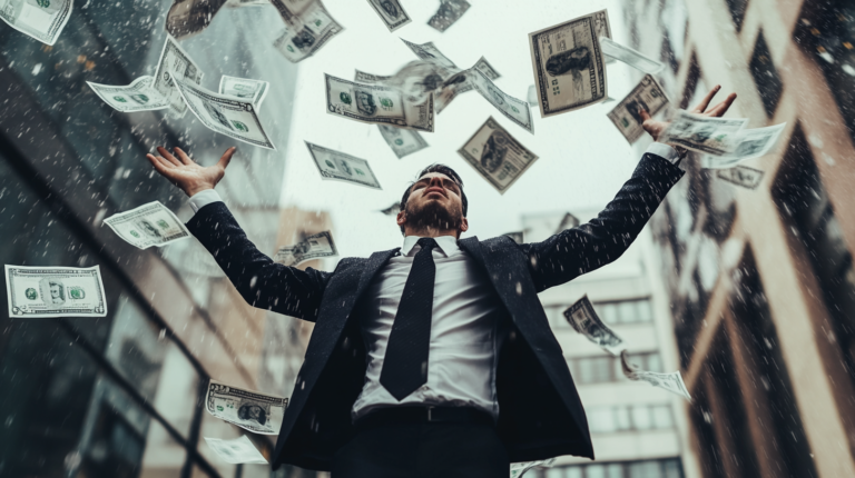 A man standing on wall street with lots of paper money falling from the sky