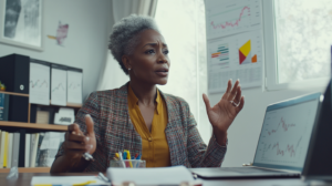 An African American Gen X woman sitting at a desk discussing finances.