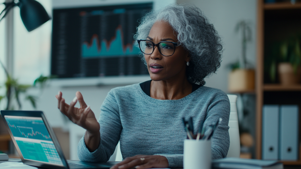 An African American Gen X woman sitting in her home office in front of laptop computer