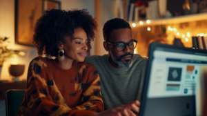 Diverse couple looking at a computer in their nicely lit living room