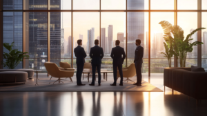 Four Businesmen Plannig Their Financial Growth In An Office With Large Windows