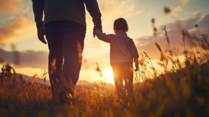 Grandparent walking with grandchild in a flied of grass at sunset