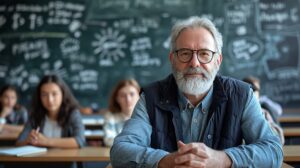 Portrait of happy middle aged male teacher smiling at the camera in classroom 